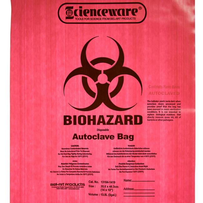 Пакет BEL-ART™ F13164-1419 для автоклавування при температурі 135ºС, 360х480 мм, ПП, з зображенням BIOHAZARD та індикатором стерилізації паром